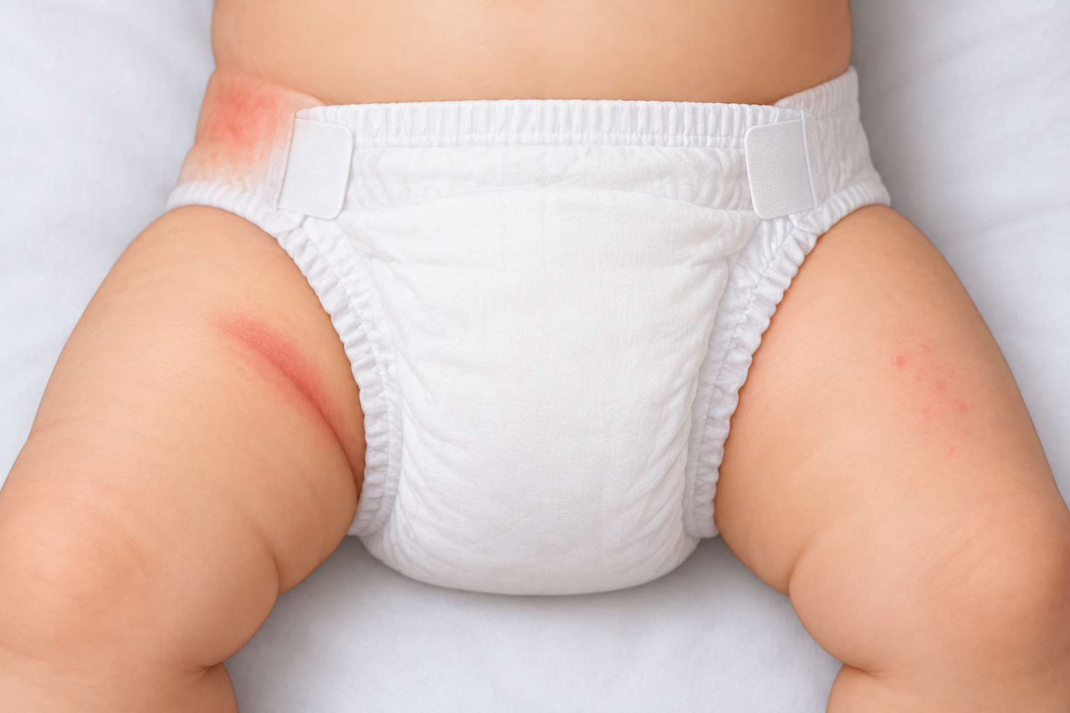An educational illustration shows several non-graphic patterns of redness across a baby's diaper area while preserving the baby's modesty.