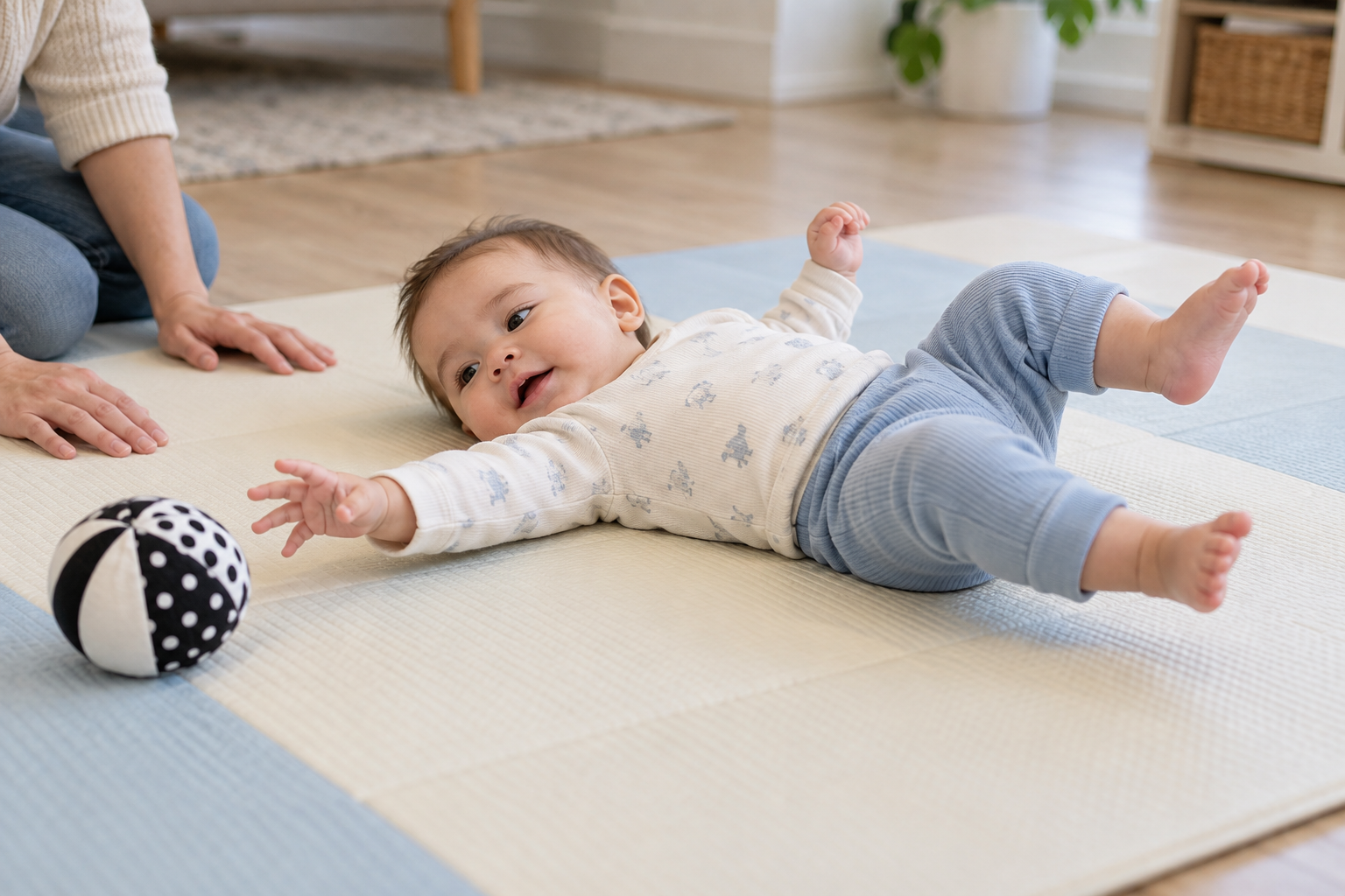 A baby turns and reaches toward a toy while a caregiver keeps both hands nearby without guiding the movement.
