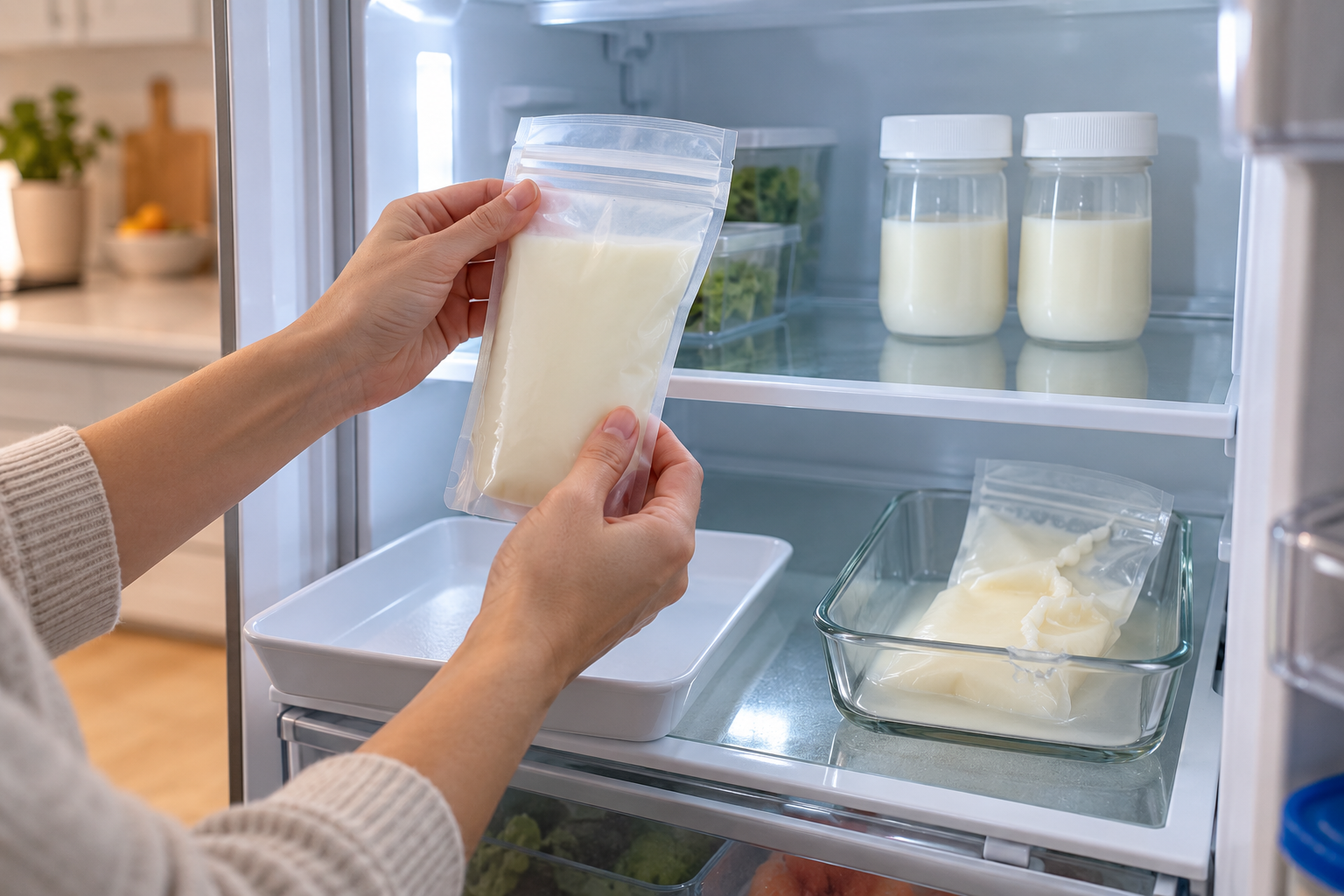 A caregiver inspects a sealed breast milk pouch in an open refrigerator while intact containers and a leaking pouch are kept on separate trays.