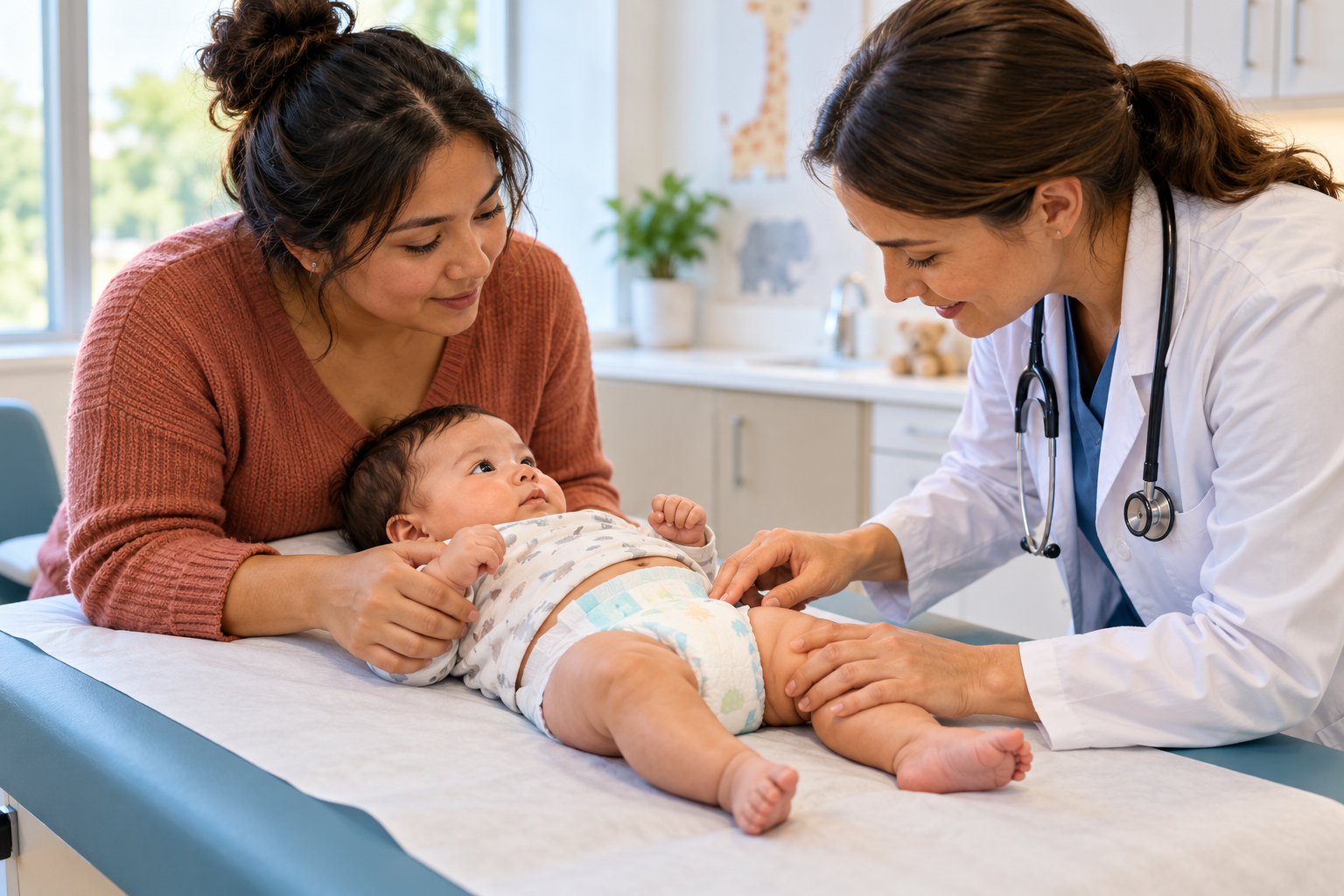 A clinician examines a diapered infant's lower abdomen and upper thighs while the parent stays beside the exam table.