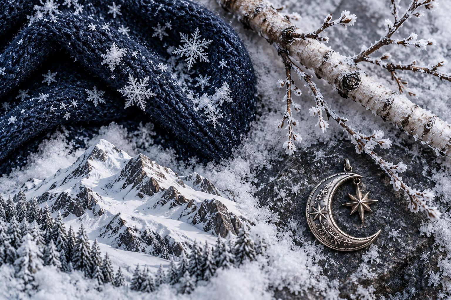 A winter still life combines snow crystals, a frosted birch branch, snowy mountains, and a moon-and-star charm.