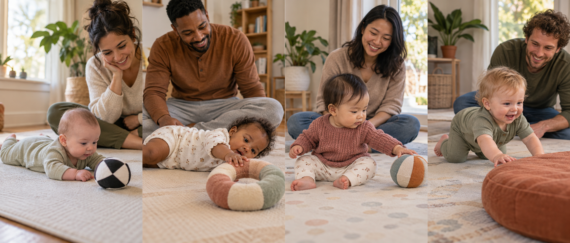 Four supervised floor-play scenes show babies practicing tummy time, side reaching, sitting and moving on hands and knees.