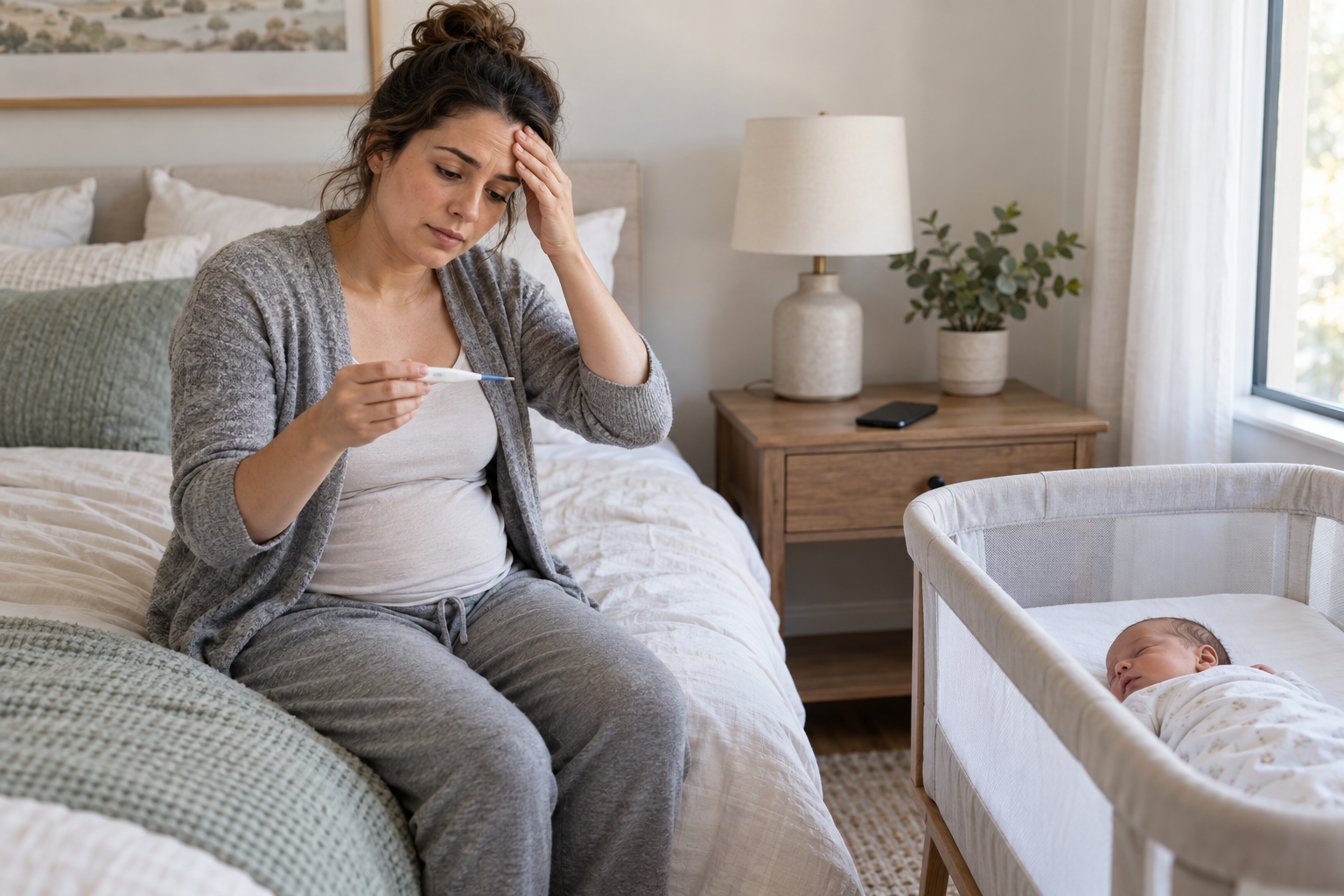 A postpartum mother checks her temperature beside a safely sleeping newborn, with a phone nearby.