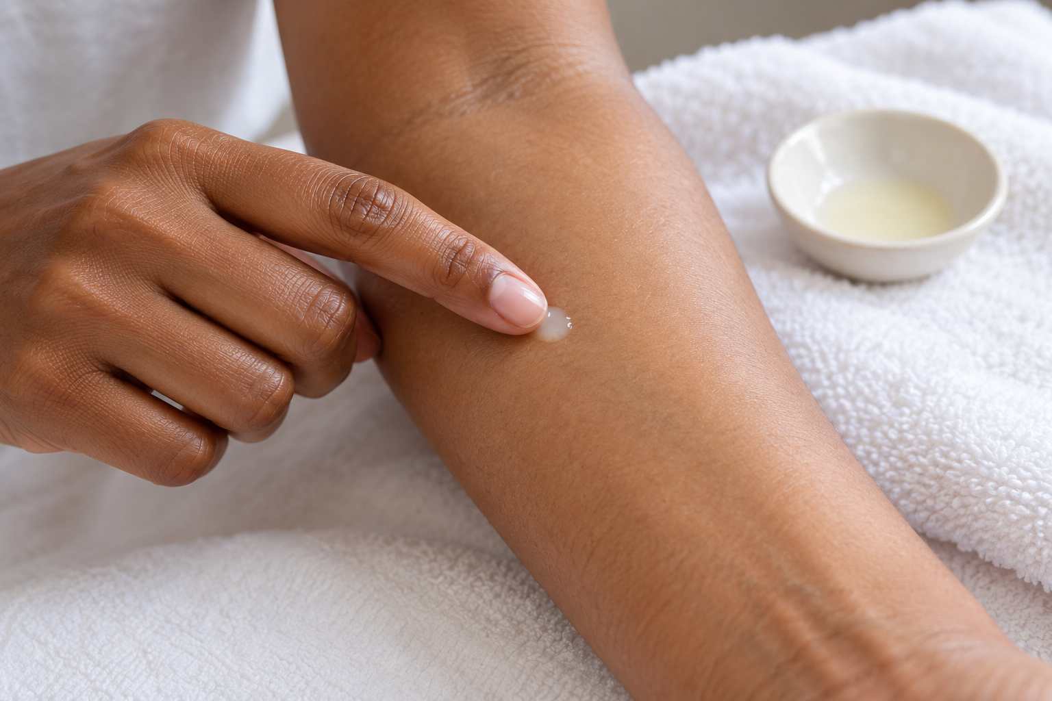 An adult applies a very small dab of a milk-based mixture to a patch of intact skin on the inner forearm.