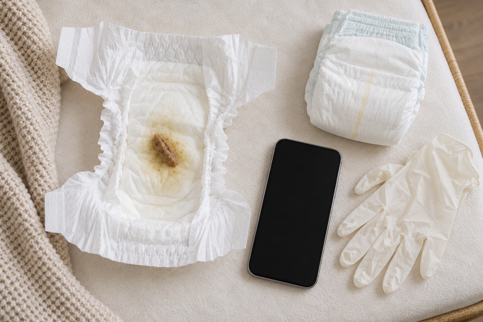 An open diaper with stool and a wet area lies beside gloves, a clean diaper and a smartphone on a changing surface.