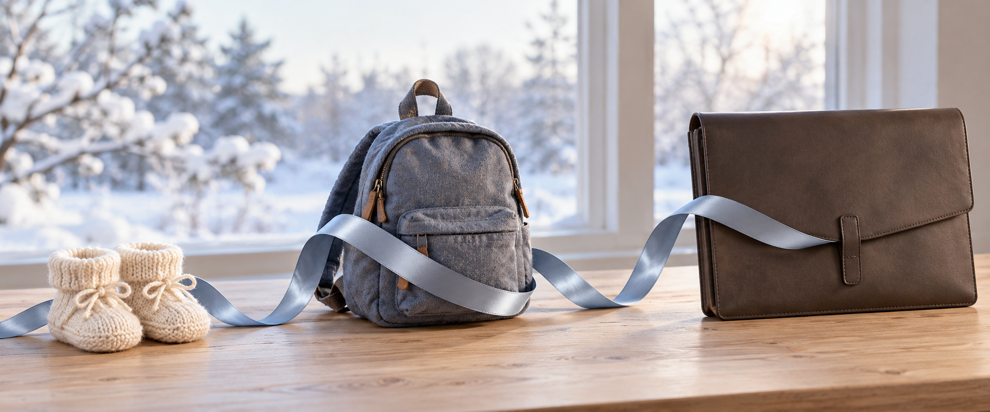 Newborn booties, a child's backpack, and an adult work portfolio are connected by a silver-blue ribbon.