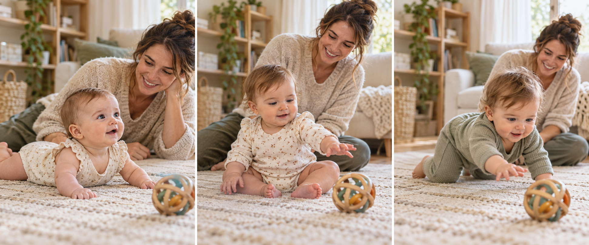 Three scenes show the same baby at different stages lifting the chest, reaching while seated and moving on hands and knees.