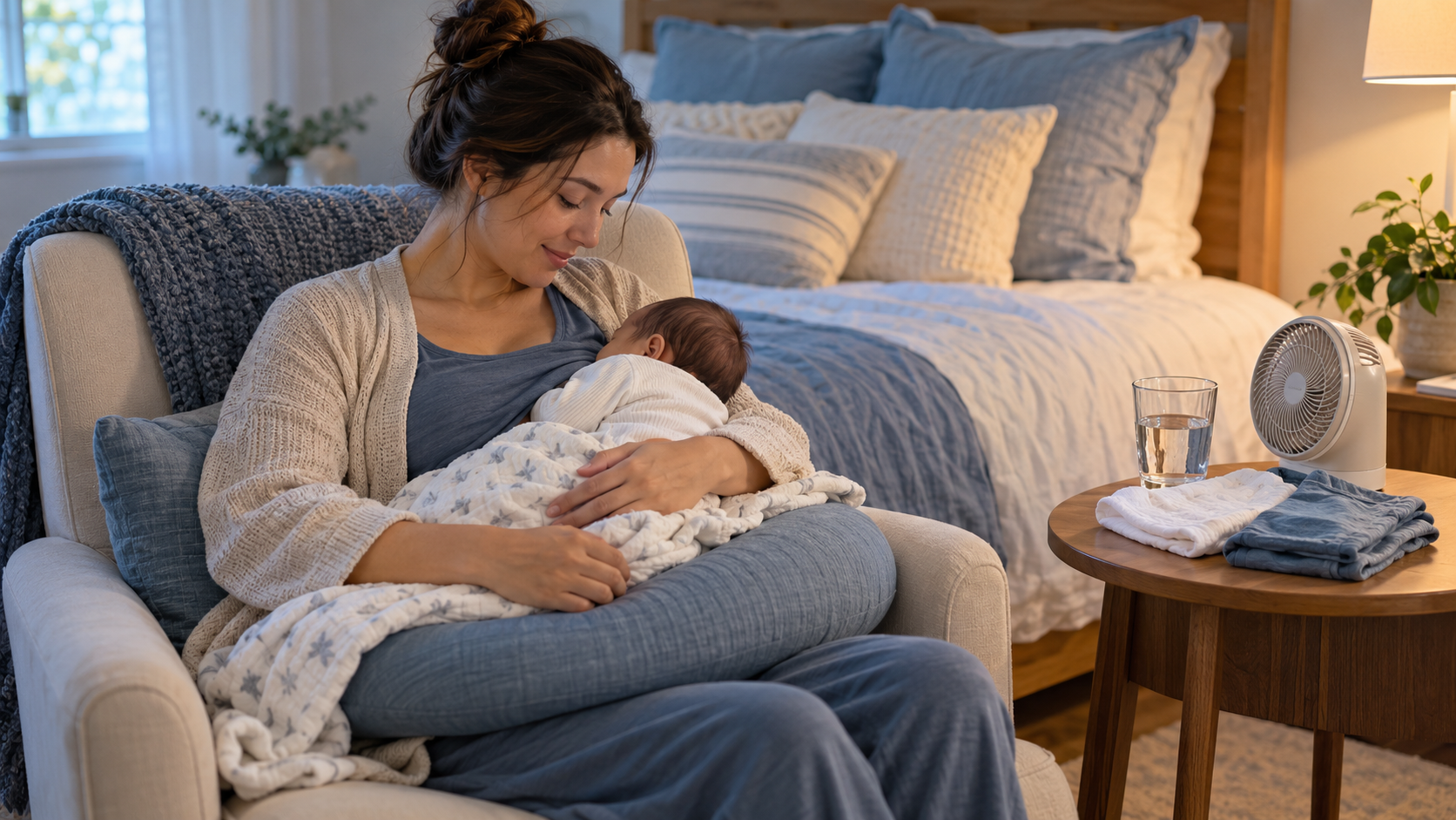 A mother breastfeeds in a supportive chair with water, a clean cloth, spare clothing, and a small fan close by.