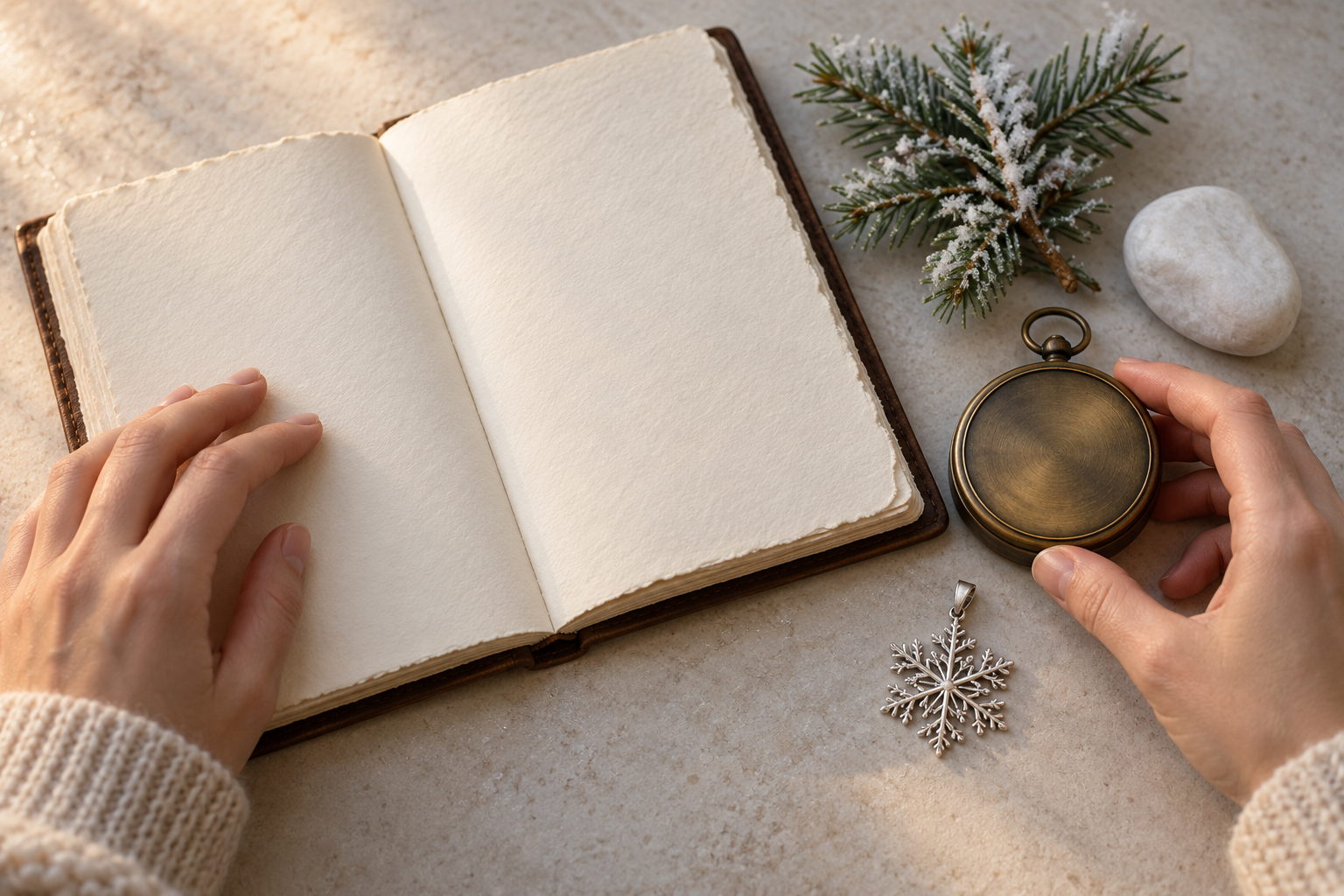 Hands examine a blank notebook, compass, evergreen sprig, white stone, and snowflake pendant on a table.