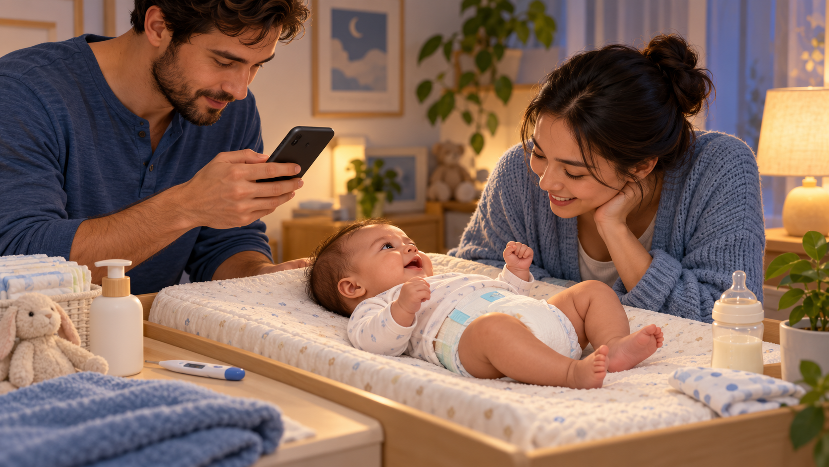 Two caregivers observe an alert, freshly diapered baby while one records the change with a smartphone.