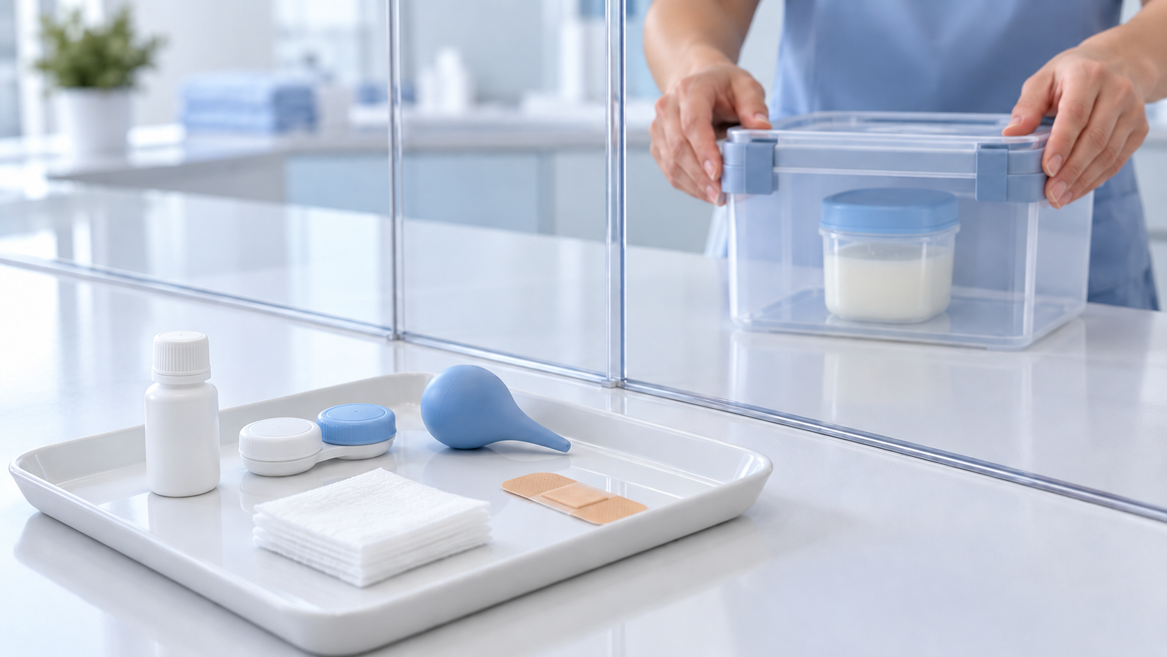 A sealed breast milk container is stored behind a divider, physically separated from eye, contact lens, ear, and wound-care supplies.