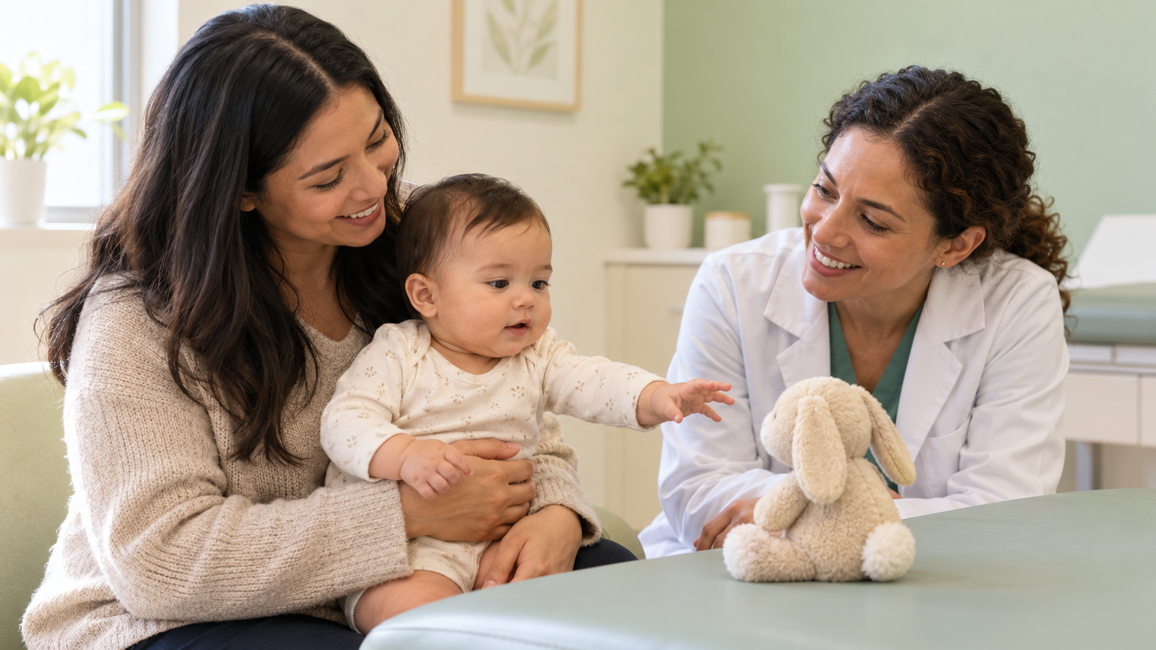 A pediatric clinician observes a baby reaching for a toy while the baby sits securely on a caregiver's lap.