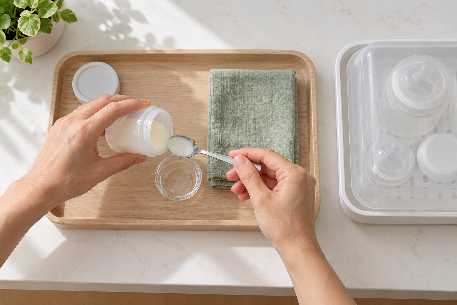 Clean hands portion a small amount of breast milk into a skincare dish on a tray kept separate from covered feeding supplies.