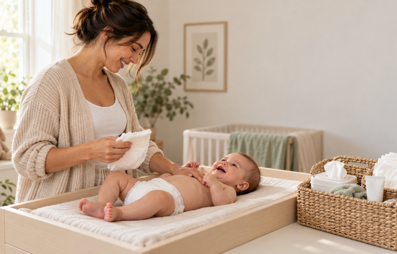 A caregiver prepares to change a smiling baby beside a caddy of diapers, washcloths, wipes, and barrier ointment.