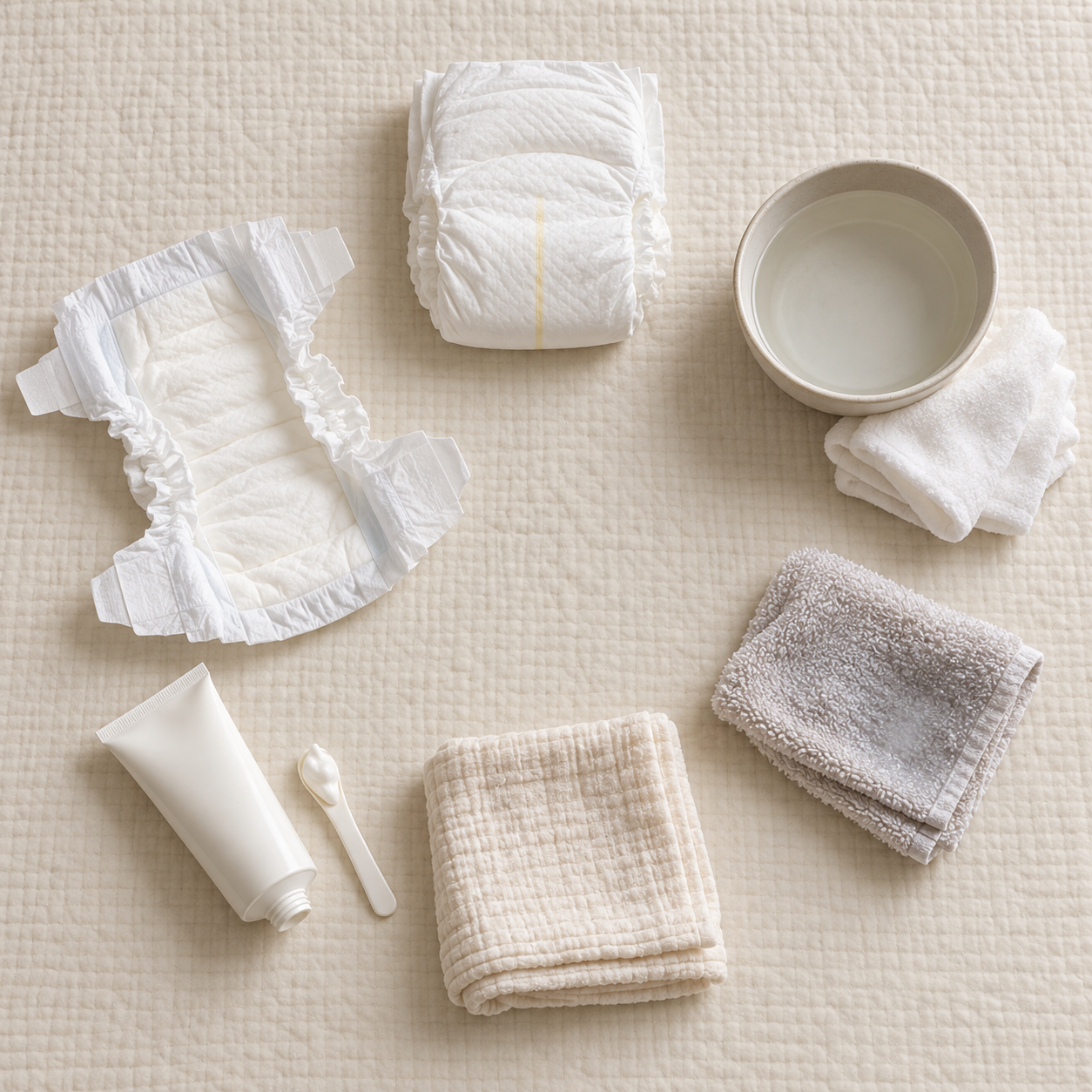 Six diaper-changing essentials arranged in sequence: a clean diaper, water and cloths, a damp washcloth, a dry towel, barrier ointment, and an opened fresh diaper.