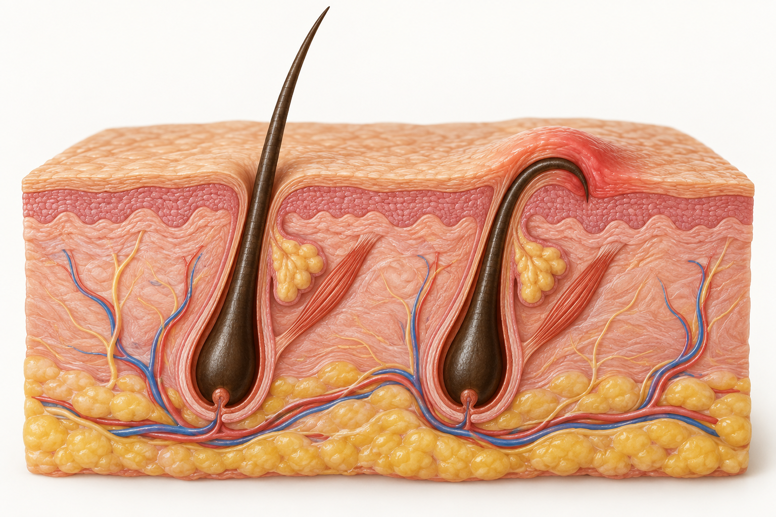 Cutaway illustration of one hair emerging normally and another curving beneath the skin to form an ingrown-hair bump.