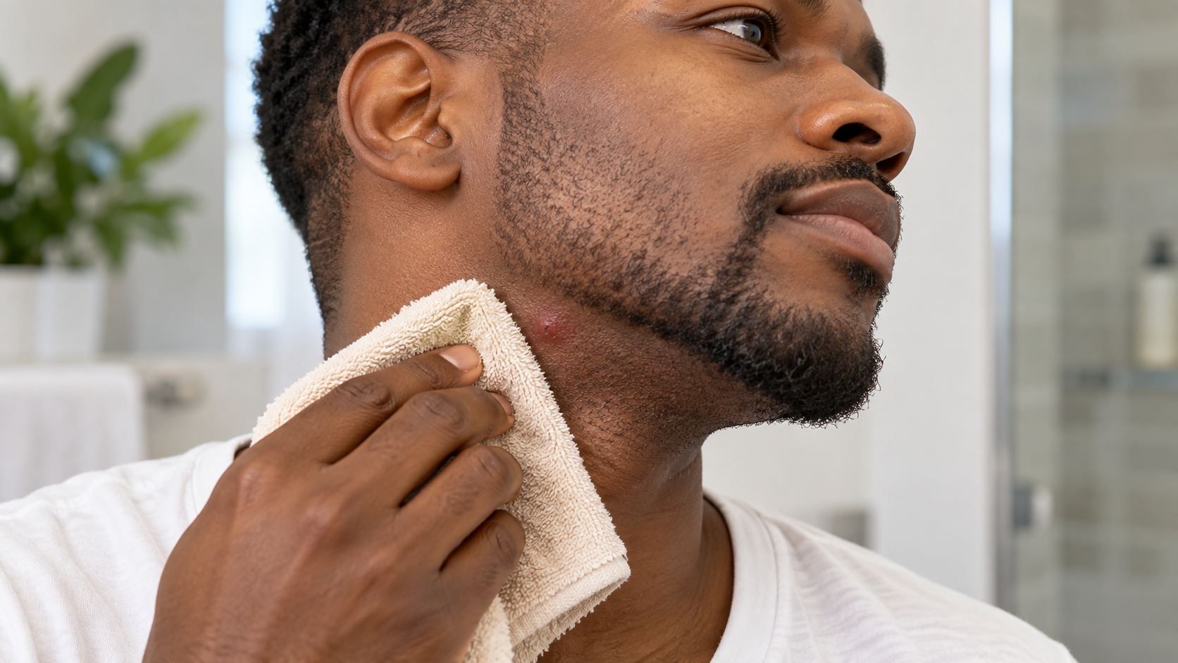 An adult gently holds a warm washcloth over a small shaving bump on the side of the neck.