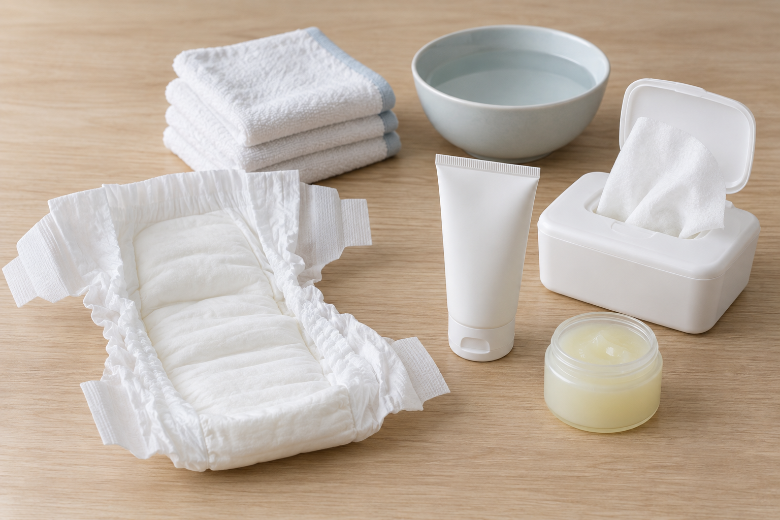 Unbranded diaper-care supplies grouped on a table, including an absorbent diaper, water and washcloths, a wipe, barrier cream, and ointment.