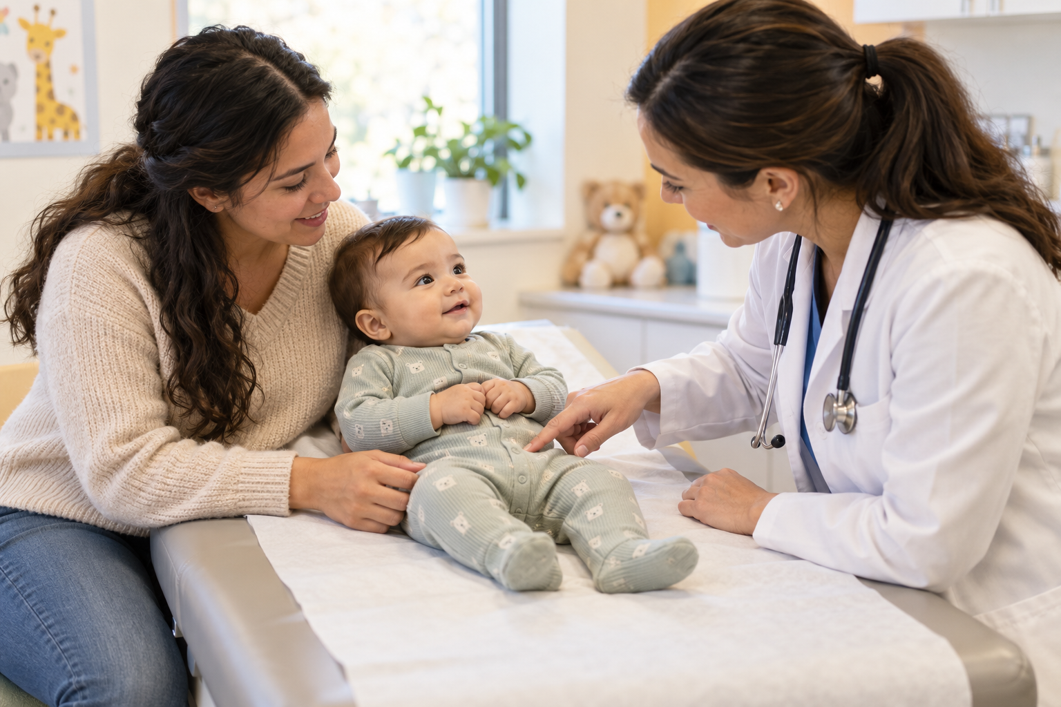 A pediatric clinician examines a clothed baby while discussing the baby's diaper area with a caregiver.