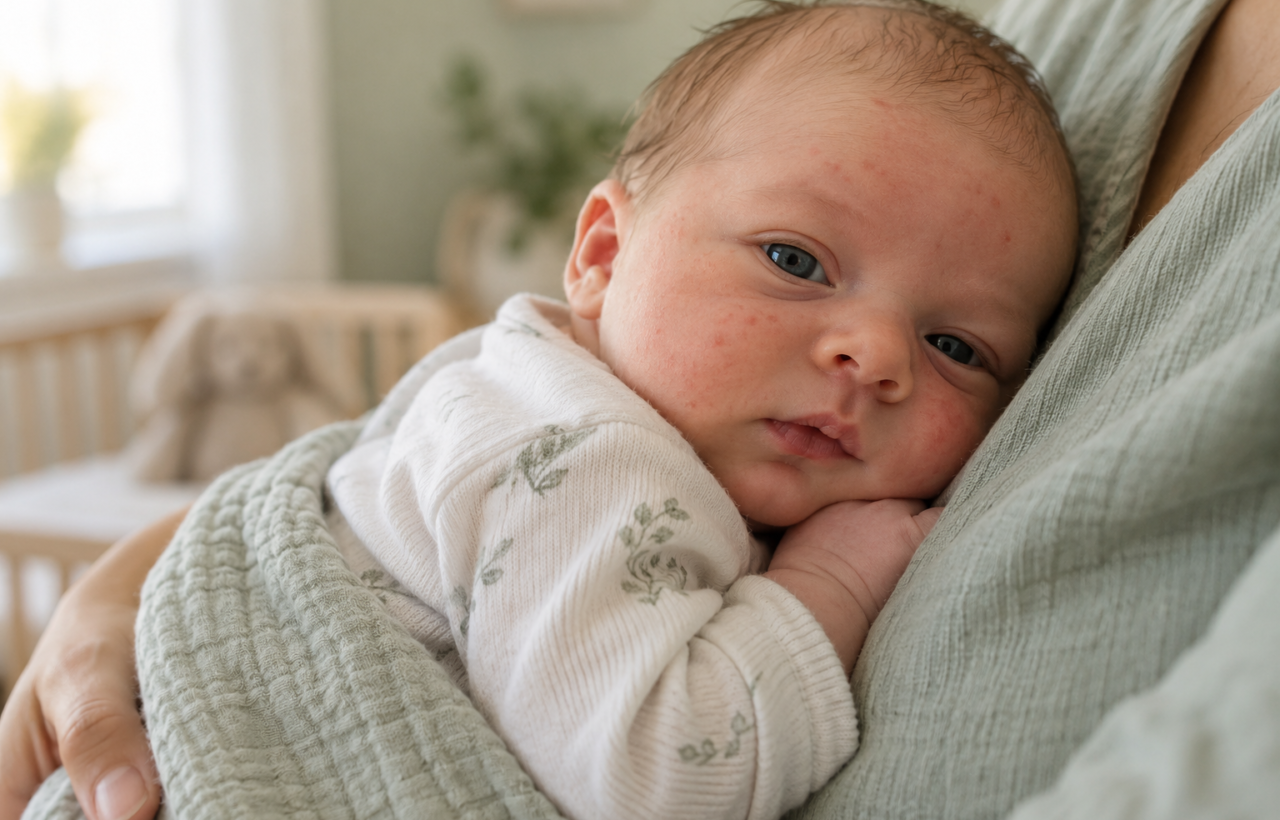 A calm newborn held against a caregiver's chest with small pink and red bumps visible on the cheeks and forehead.
