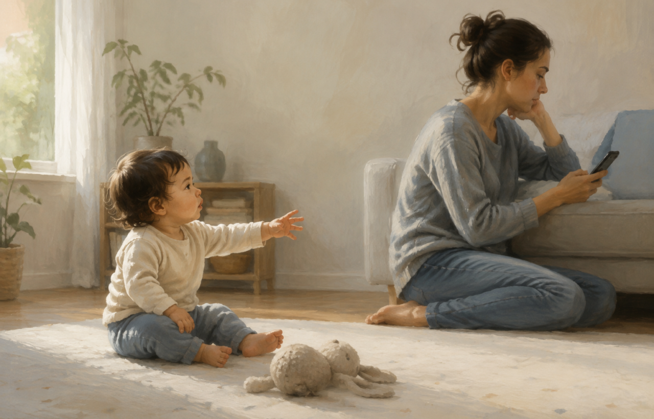 A toddler sitting on a floor mat reaches toward a distracted caregiver seated nearby in a softly lit living room.