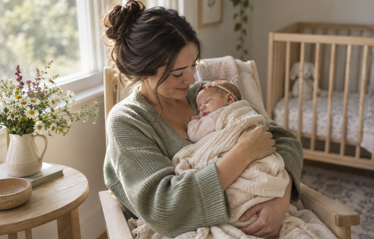 A parent cradles a sleeping newborn beside a nursery window, with a small arrangement of wildflowers on a nearby table.
