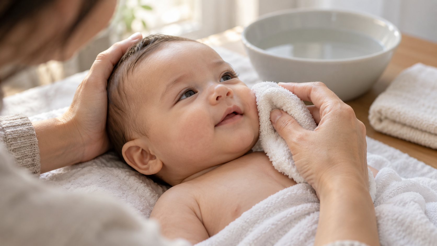 A caregiver supports a relaxed baby's head while gently wiping the baby's cheek with a soft damp washcloth.