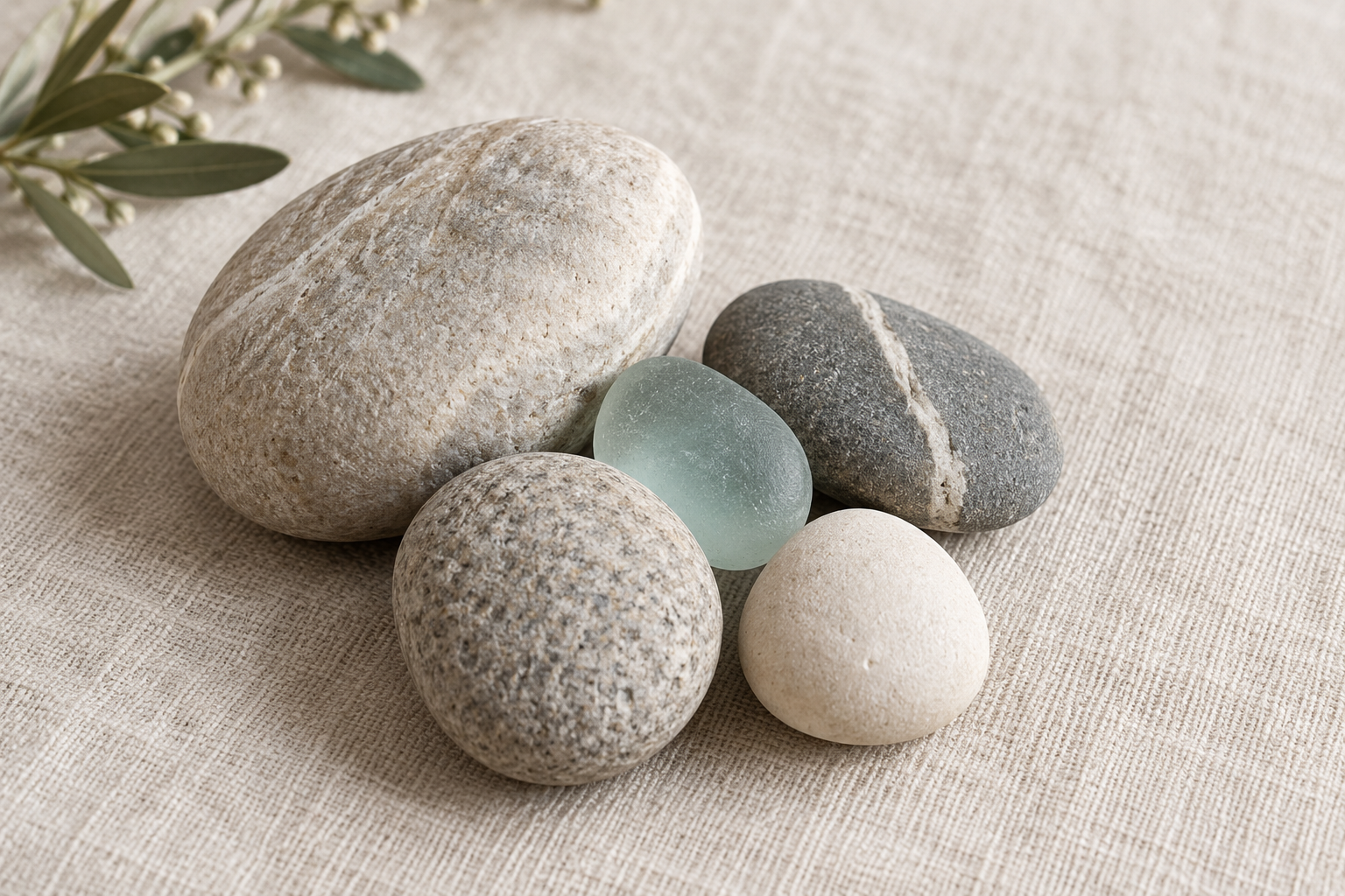 A group of neutral pebbles surrounds one pale blue piece of sea glass on a linen surface.