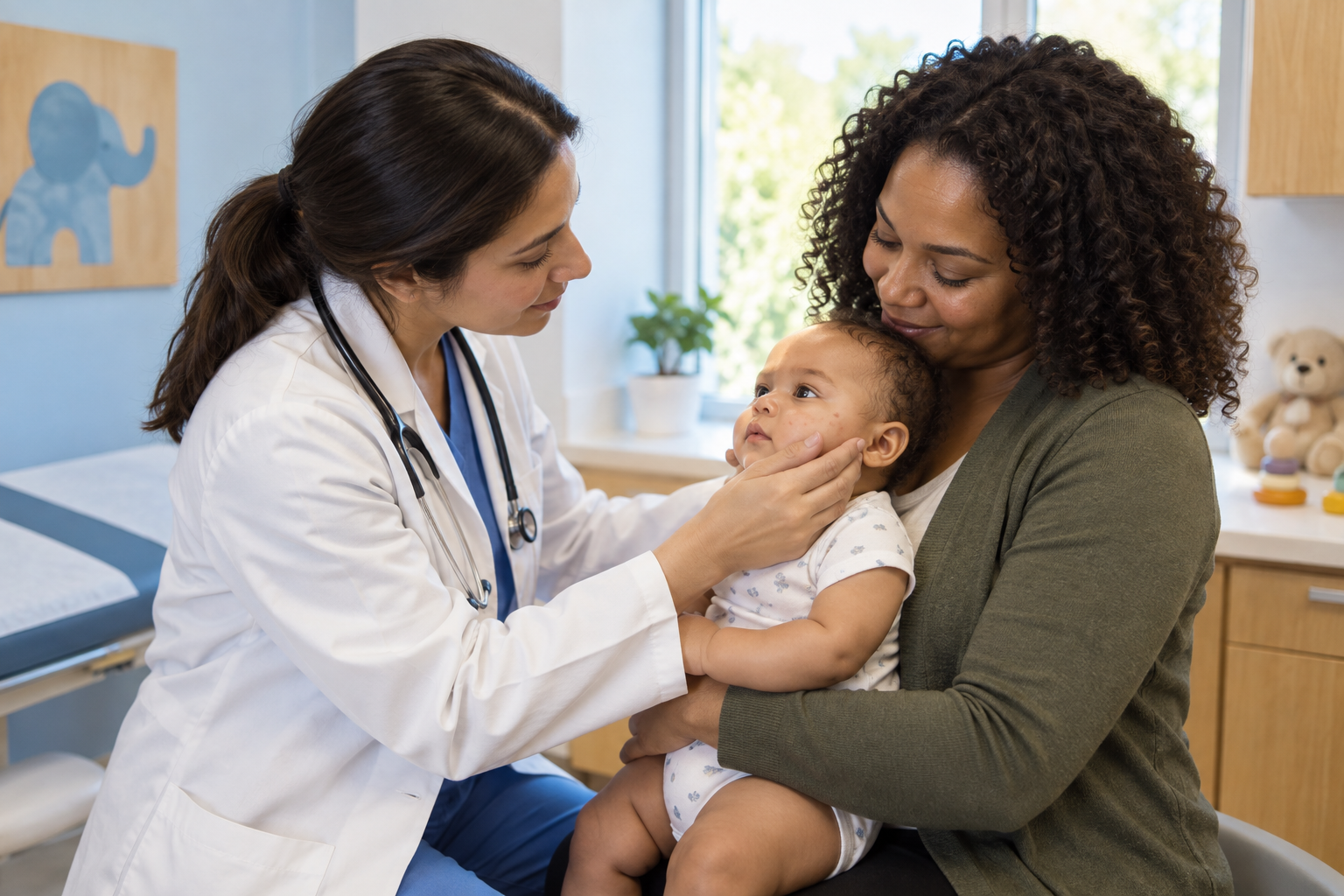 A healthcare professional examines red bumps on an infant's cheek while the baby is held by a parent in a clinic.