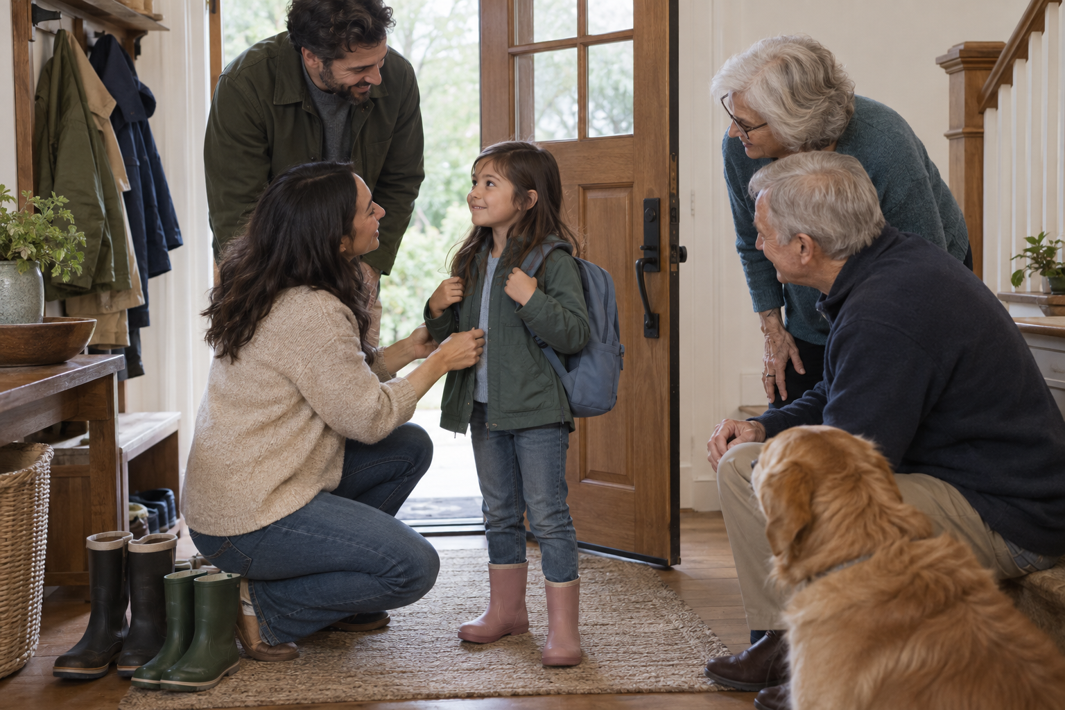 A young girl stands with family members in a bright entryway near a backpack, rain boots, and adult coats.