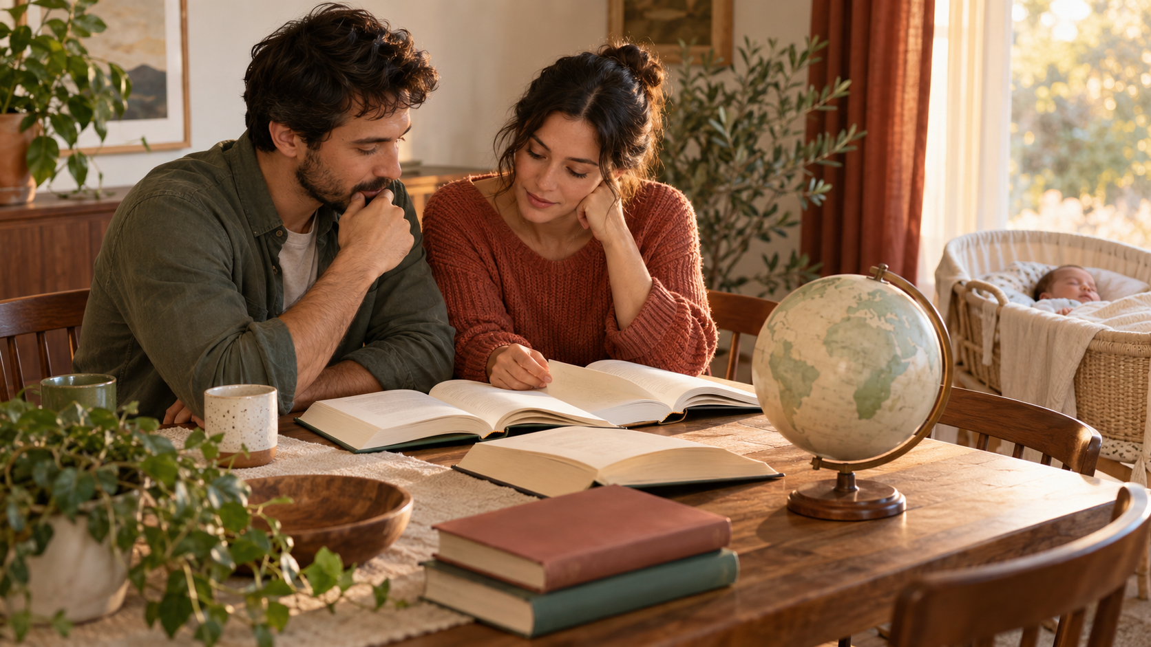 Two parents review open books beside an unlabeled globe while a baby sleeps in a nearby bassinet.
