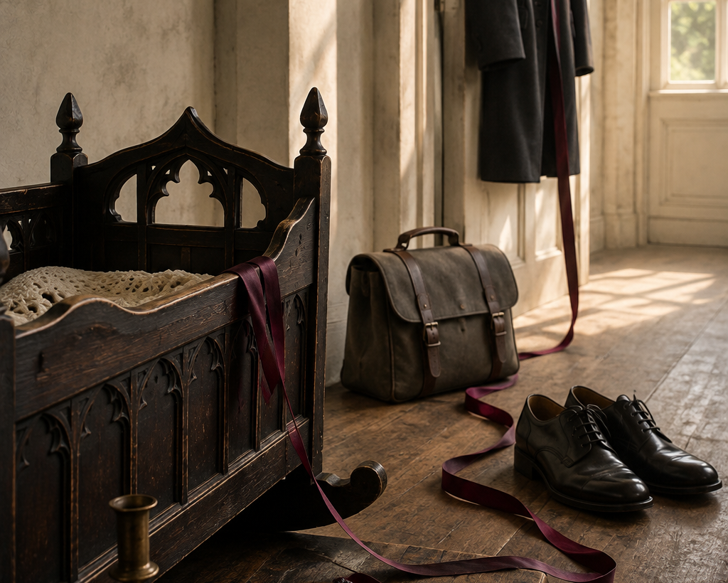 Dark-wood cradle, school satchel, polished shoes, and charcoal coat arranged through a softly lit room with restrained gothic details.