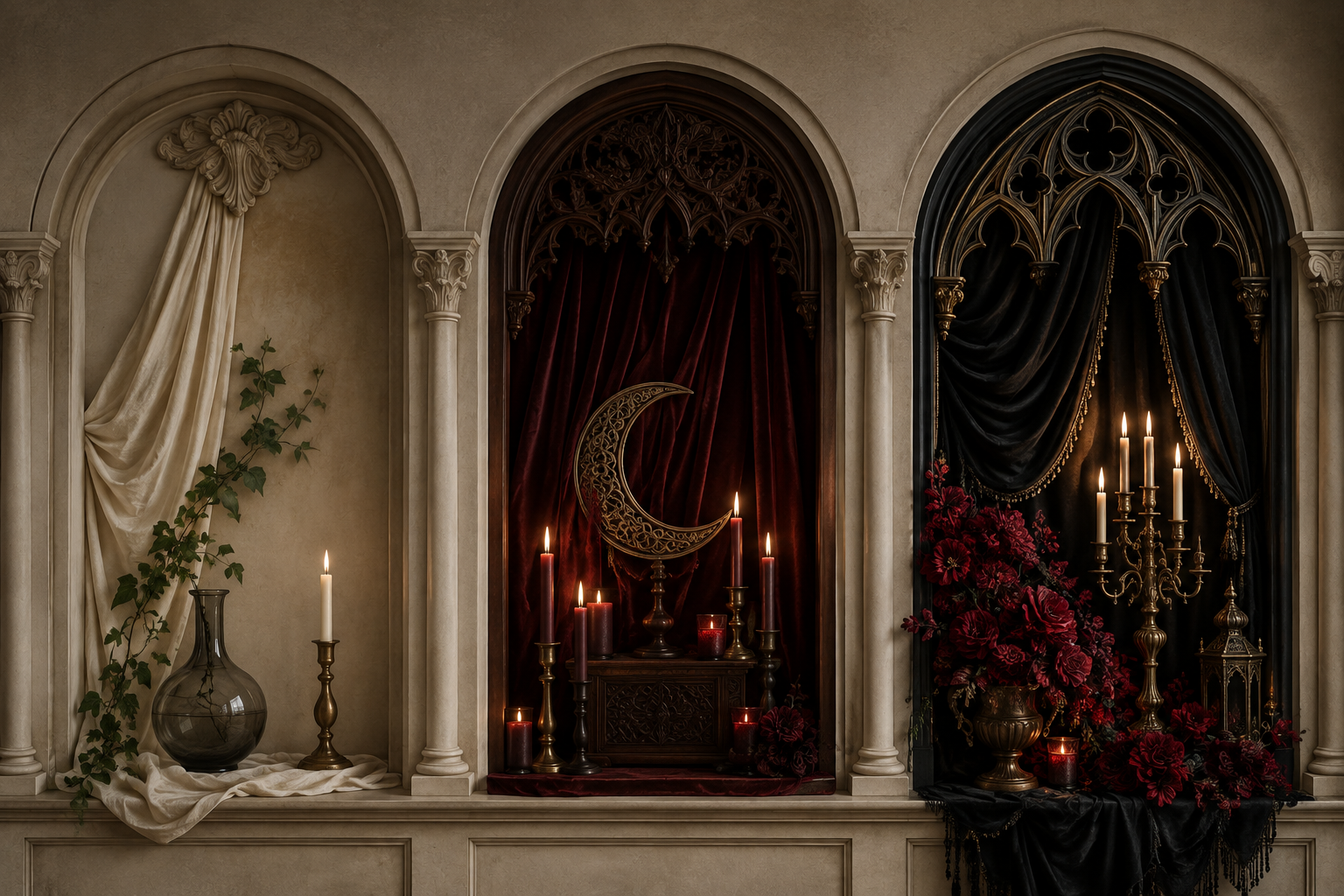 Three decorative alcoves progress from pale and understated to dark and theatrical with ivy, velvet, arches, and candles.