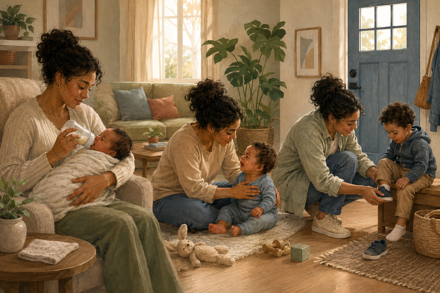 Three connected home scenes show a caregiver feeding a newborn, comforting an older baby, and helping a toddler put on a shoe.