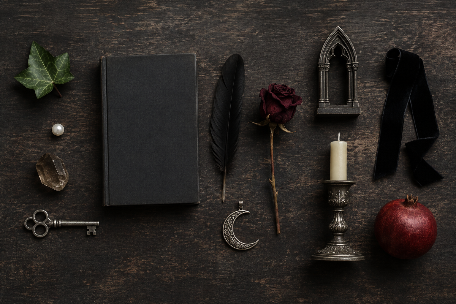Twelve symbolic objects, including ivy, a silver key, a blank book, feather, rose, pointed arch, and candleholder, arranged from subtle to dramatic.