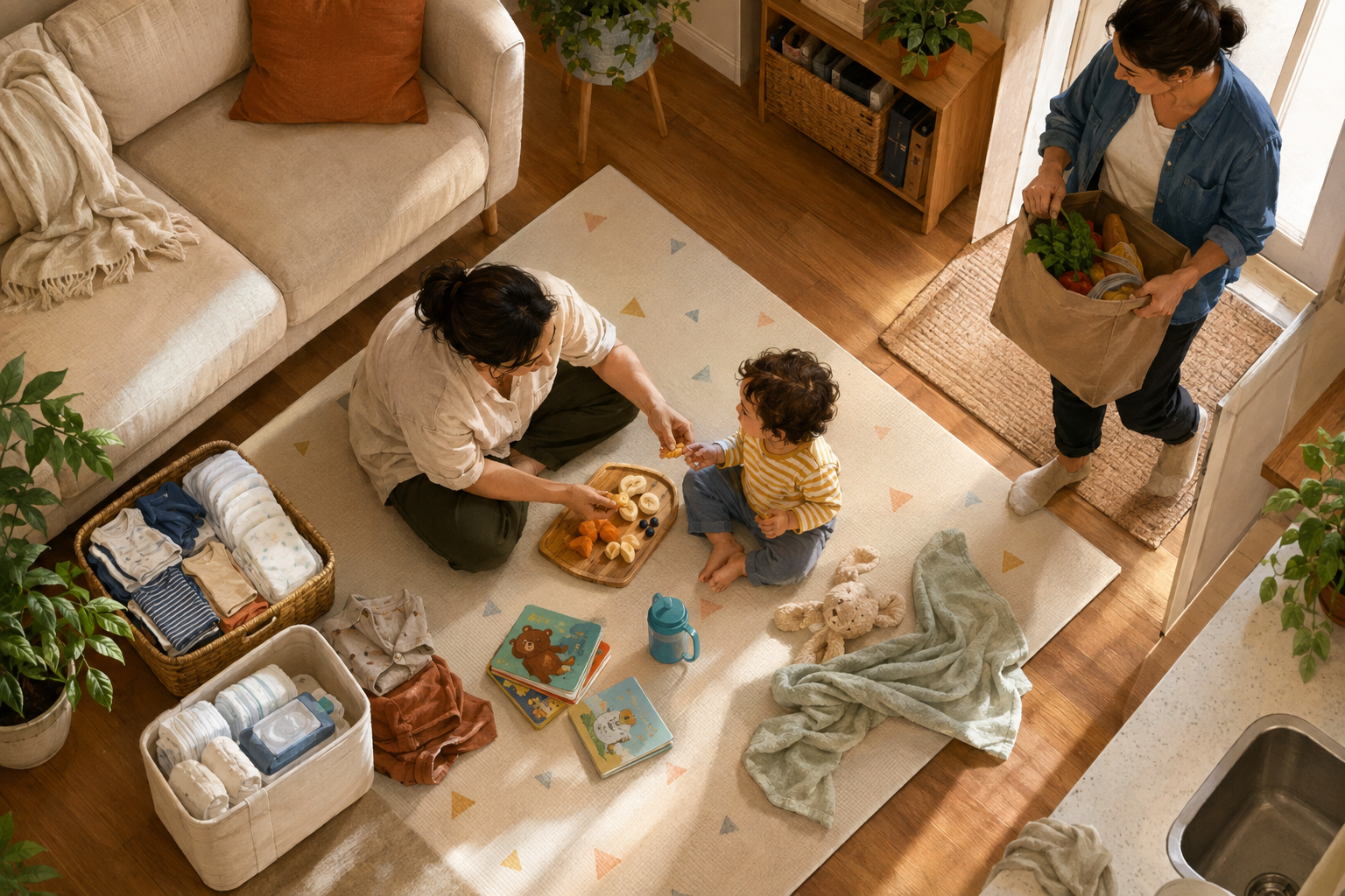 A caregiver plays with a toddler beside neatly arranged daily care supplies while another adult arrives carrying groceries.