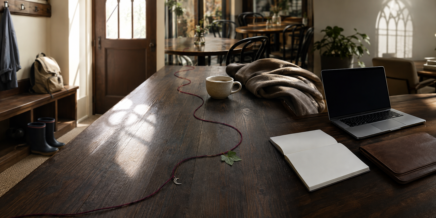 A continuous table links a school entryway, cafe setting, and professional desk, with a burgundy thread running through each everyday scene.