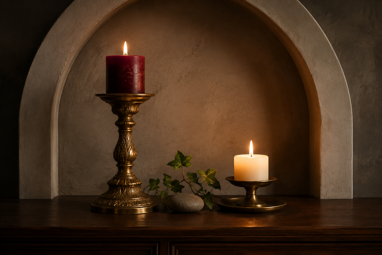 An ornate burgundy candle and a simple ivory candle cast overlapping light beneath a pointed arch.