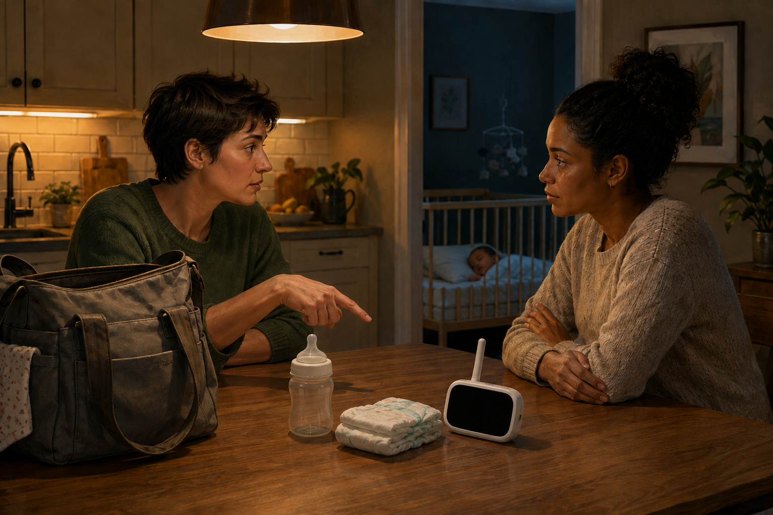Two caregivers have a serious conversation at a kitchen table while a young child sleeps in a crib in the next room.