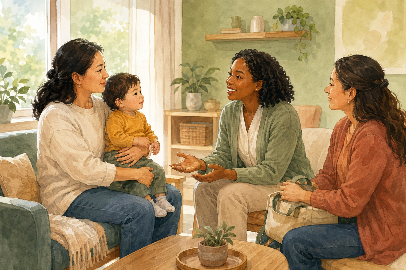 A parent holds a toddler while talking with a pediatric professional and a support person in a bright clinic room.