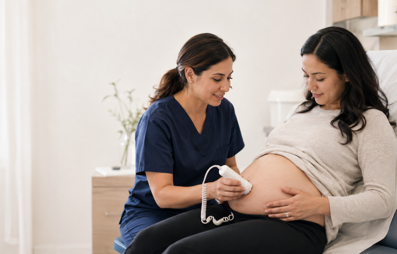 A clinician uses a handheld fetal Doppler on a pregnant patient's abdomen during a prenatal examination.