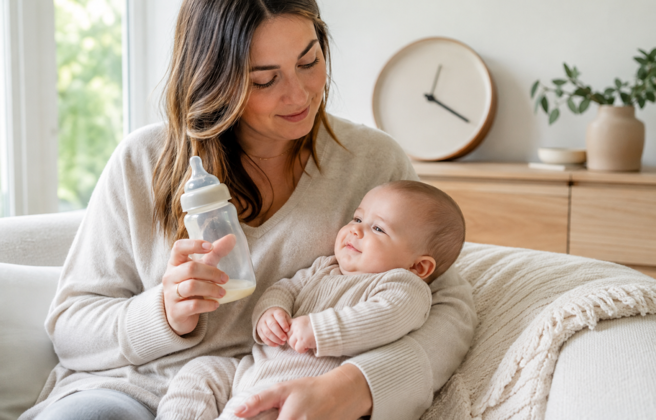 A parent holds a partly filled bottle of expressed breast milk beside a baby after feeding, with an analog clock in the background.