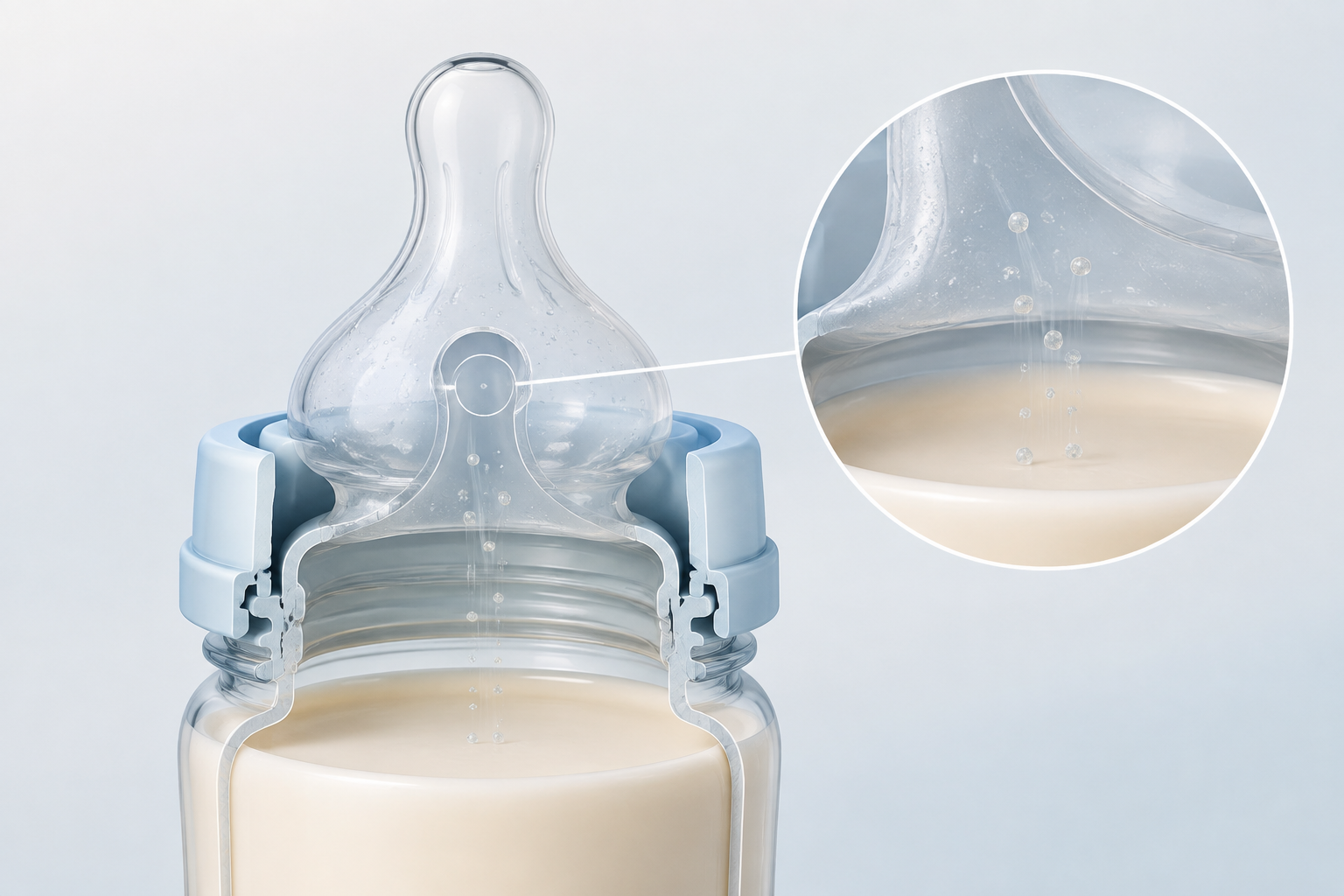 Cutaway illustration of a used bottle nipple with subtle microscopic particles moving toward the milk remaining in the bottle.