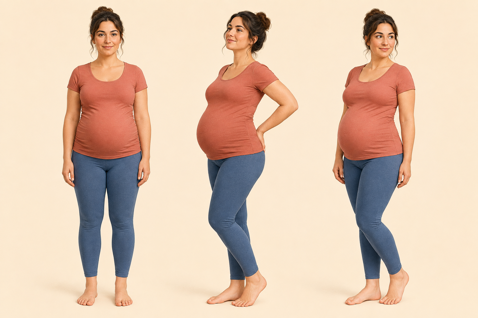 Three illustrations of the same pregnant person in different postures, showing subtle changes in the visible shape of the abdomen.