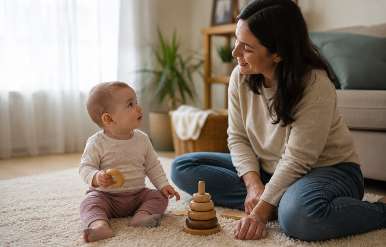 A baby pauses while playing on a rug and looks back at a nearby caregiver in a softly lit family room.