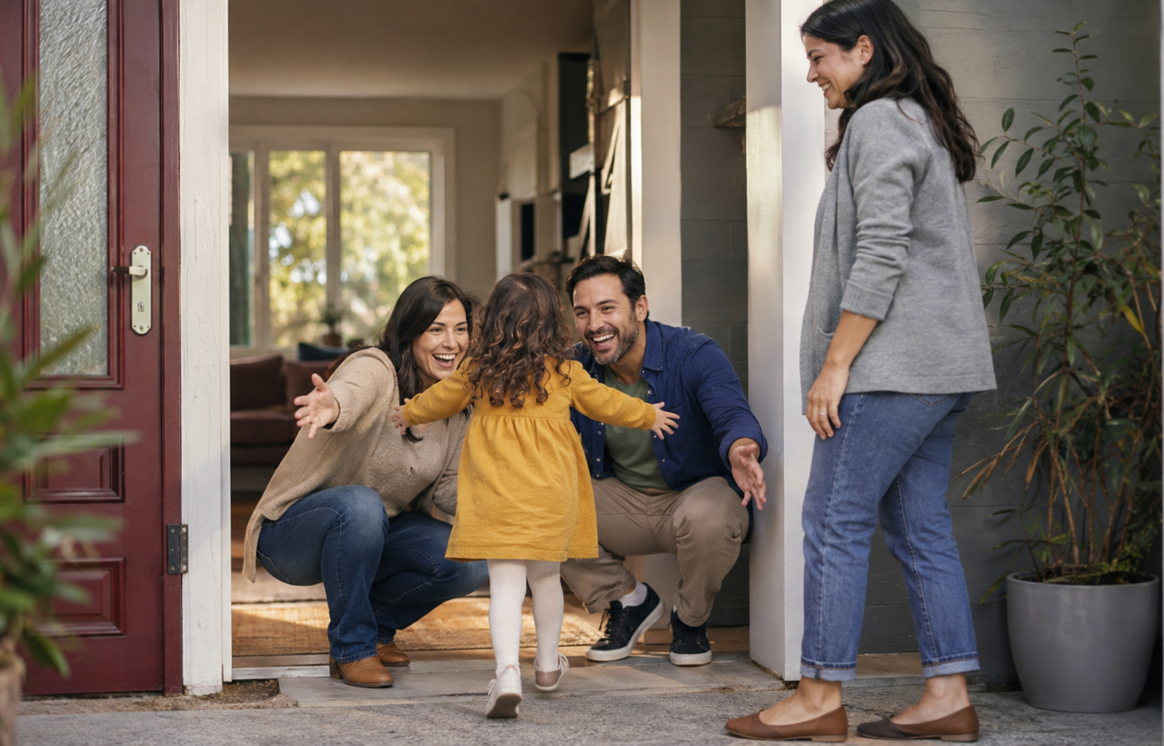 A preschooler greets an aunt and uncle at the front door while a parent looks on.