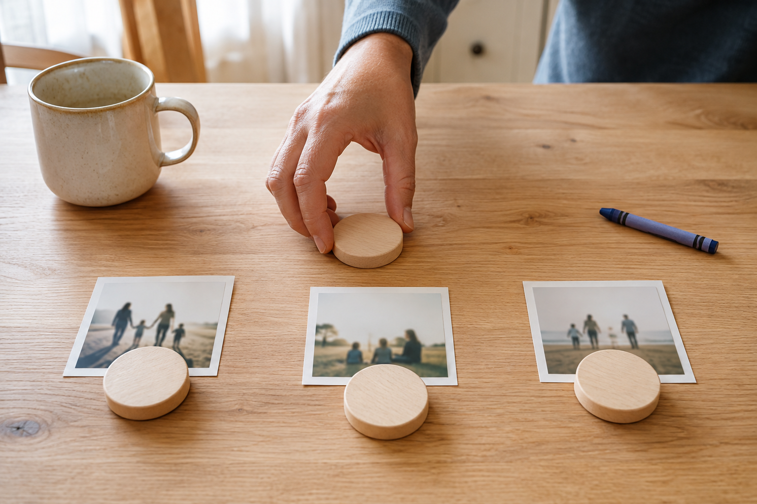 An adult arranges blank wooden tokens beside family snapshots on a kitchen table while considering a shortlist.