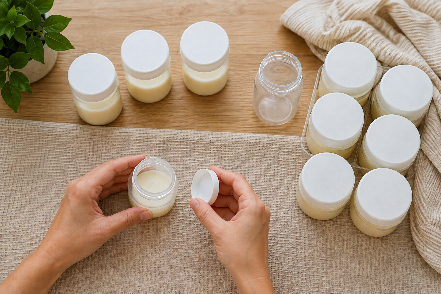 Several small bottles of expressed breast milk are portioned on a clean surface while extra milk remains in sealed containers.