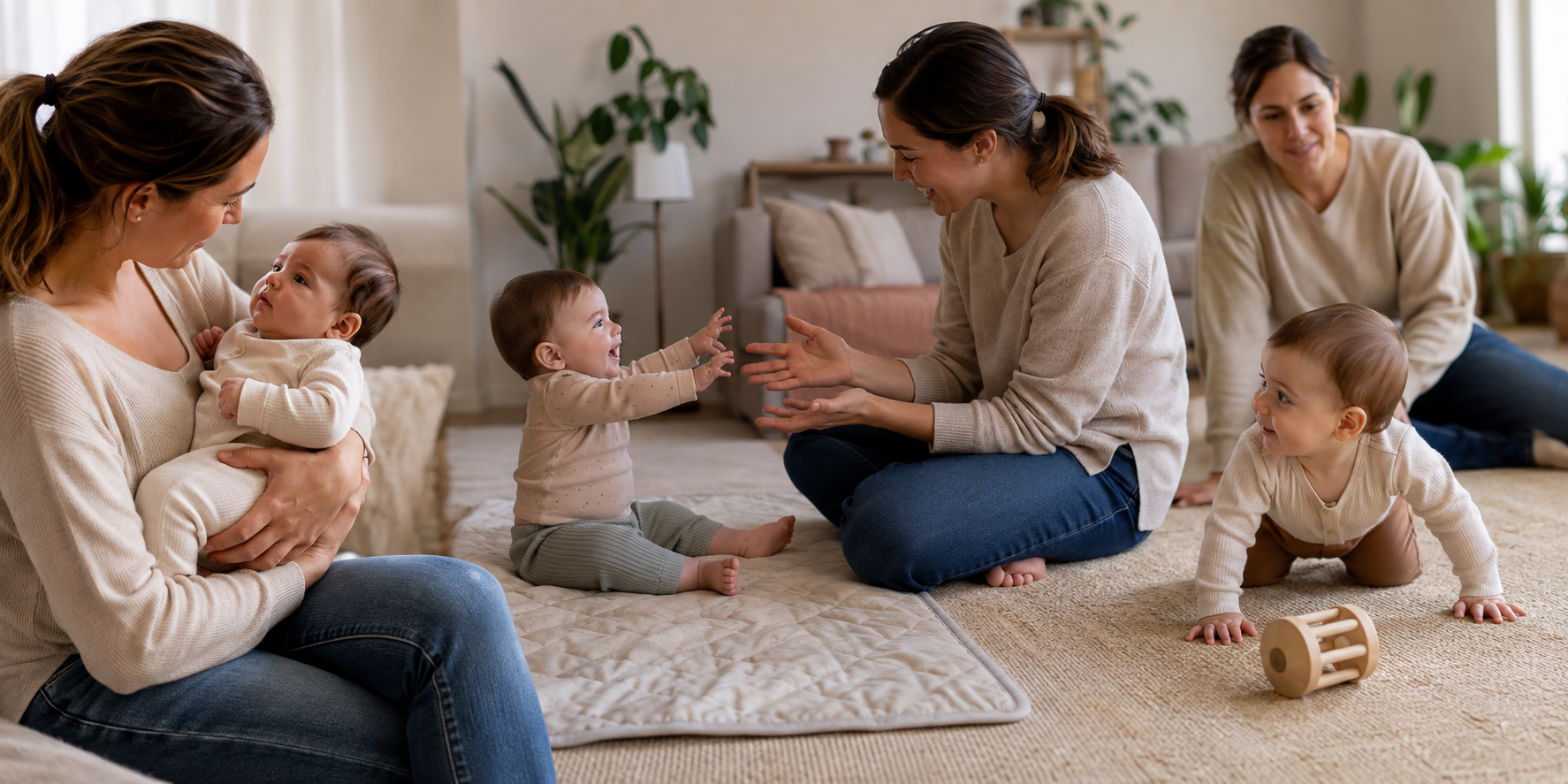 Three home vignettes show a young infant watching a caregiver, an older baby reaching during play, and a crawling baby looking back while exploring.