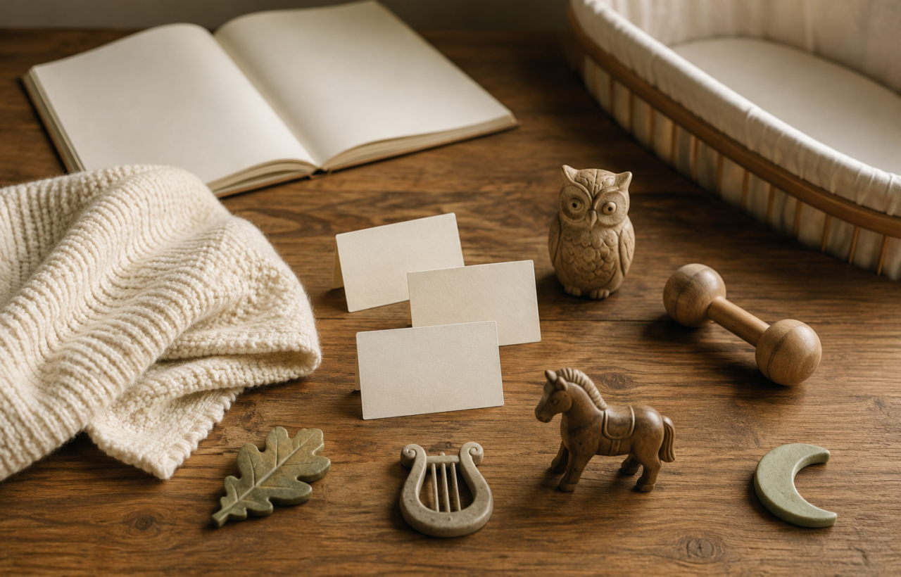 Blank name cards, a baby blanket, a wooden rattle, an open book, and small mythology-inspired tokens arranged on a table beside a bassinet.
